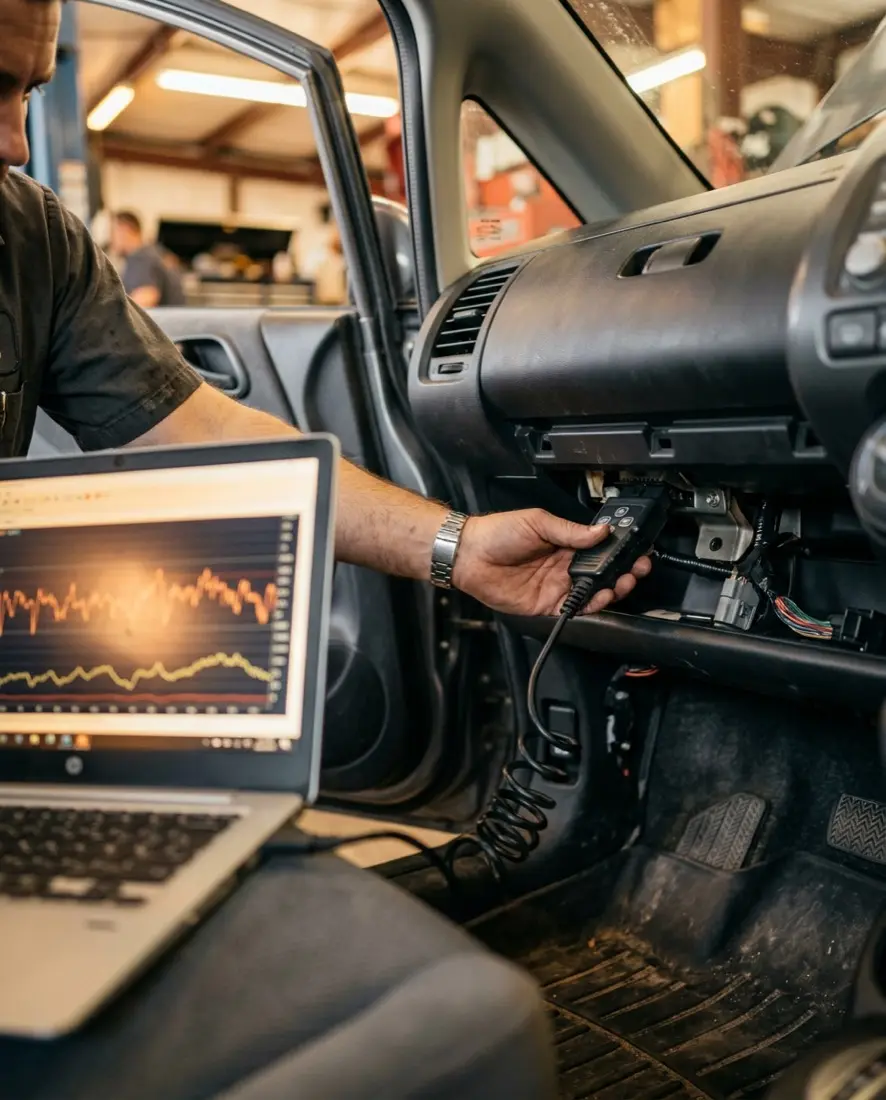 A technician plugging a scan tool into a car to read live engine data
